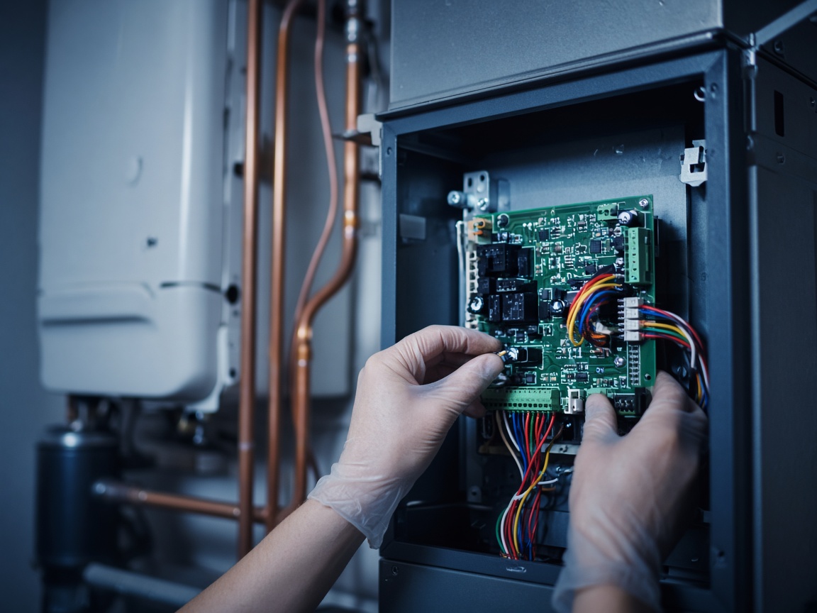 Hands at a furnace control board during a heating diagnostic